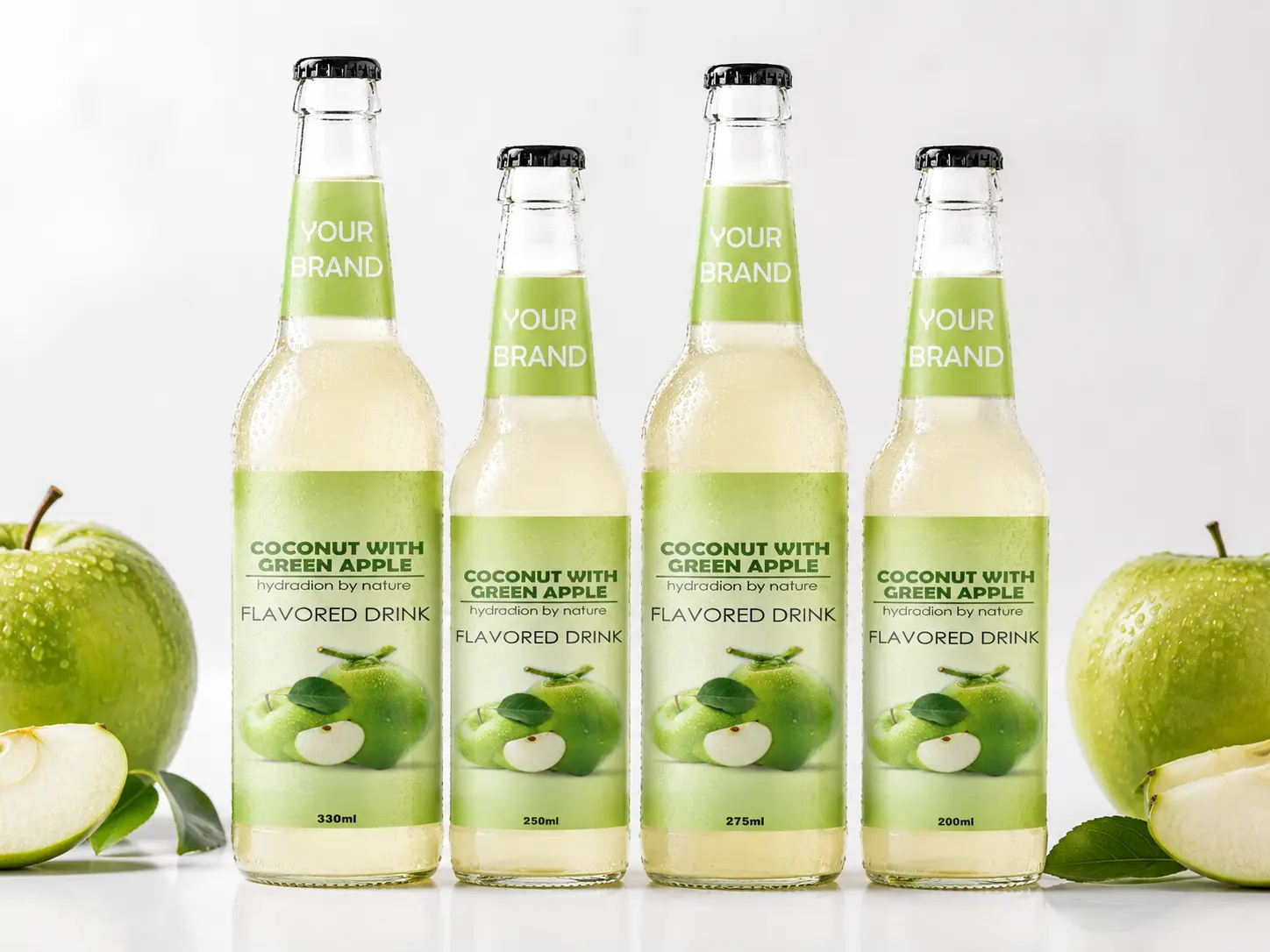 COCONUT FLAVORED DRINK green apple flavour shown in 330ml, 250ml, 275ml, and 200ml bottles.